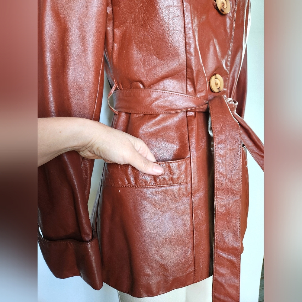 70s Brown Leather Coat Jacket Trench Coat Jacket Belted Quilted Lining XXS XS - Picture 6 of 12